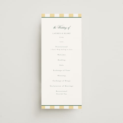 This is a citrine unique wedding programs with standard by Emily Betts called curved frame printing on signature in standard