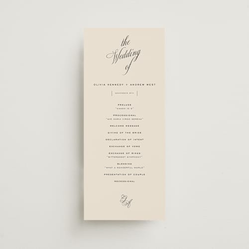 This is a almond unique wedding programs with standard by Eric Clegg called modern romance printing on signature in standard