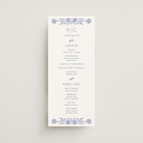 This is a cerulean unique wedding programs with standard by Jenna Holcomb called embroidered printing on signature in standard