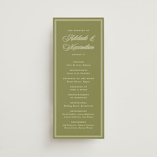 This is a olive unique wedding programs with standard by Ellen Schlegelmilch called museo printing on signature in standard