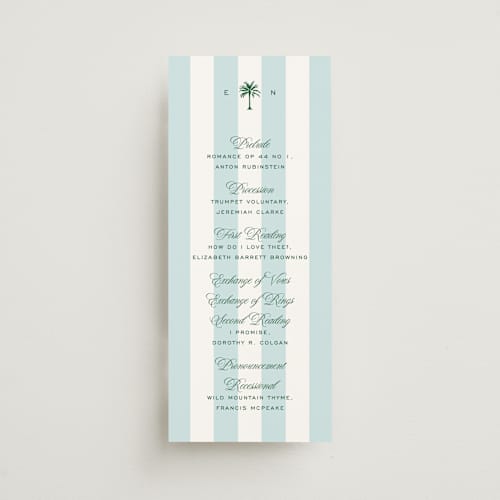 This is a low tide unique wedding programs with standard by Susan Zinader called island palm printing on signature in standard