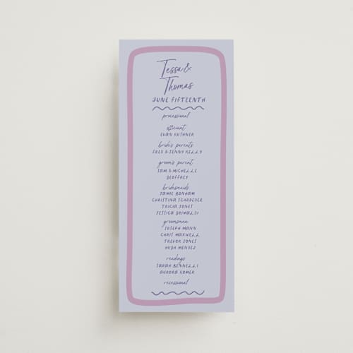 This is a lavender unique wedding programs with standard by Wonderland called funky bash printing on signature in 4x9