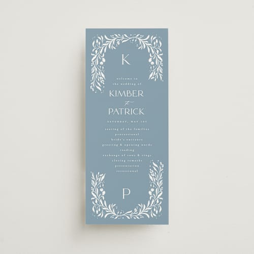 This is a delft blue unique wedding programs with standard by Ashley DeMeyere called porcelain printing on signature in 4x9