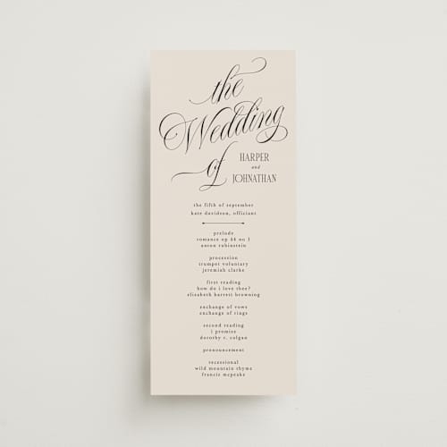 This is a linen unique wedding programs with standard by Kate Ahn called mirin printing on signature in 4x9