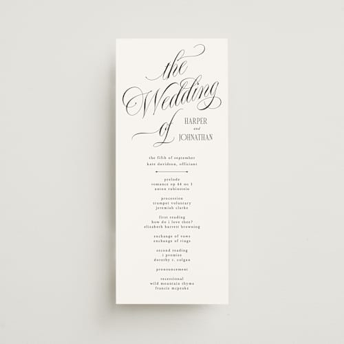This is a diamond unique wedding programs with standard by Kate Ahn called mirin printing on signature in 4x9