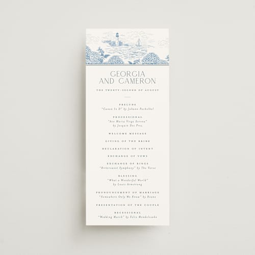 This is a sea unique wedding programs with standard by Jenna Holcomb called coastal toile printing on signature in 4x9