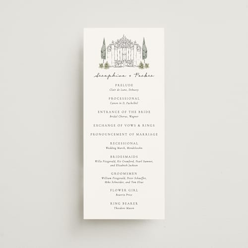 This is a forest unique wedding programs with standard by Jackie Crawford called hand illustrated garden gate printing on signature in 4x9