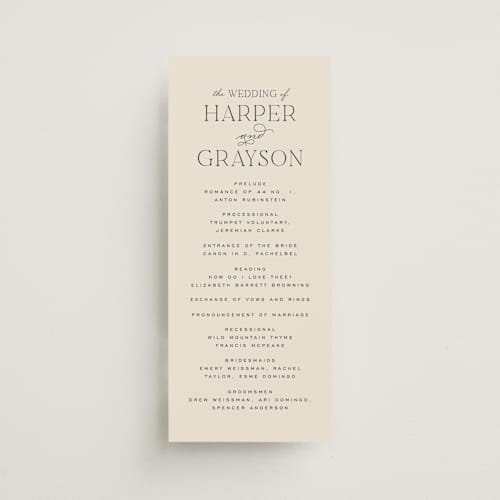 This is a creme unique wedding programs with standard by Carly Reed Walker called tendu printing on signature in 4x9