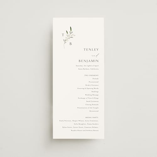 This is a cotton unique wedding programs with standard by Jennifer Postorino called gentle whisper printing on signature in 4x9