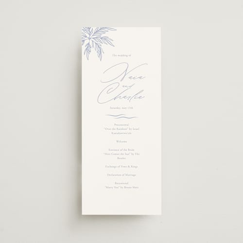 This is a pale cerulean unique wedding programs with standard by Sabrin Deirani called ocean dreams printing on signature in 4x9