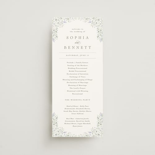 This is a periwinkle unique wedding programs with standard by Kristen Smith called delicate vines printing on signature in standard