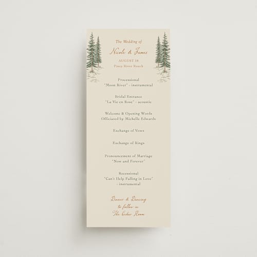 This is a forest unique wedding programs with standard by Elly called whispering pines printing on signature in standard