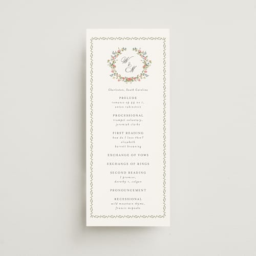 This is a blush unique wedding programs with standard by Susan Moyal called monogramed printing on signature in standard