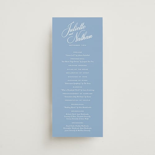 This is a bluebell unique wedding programs with standard by Jessica Williams called marenza printing on signature in standard