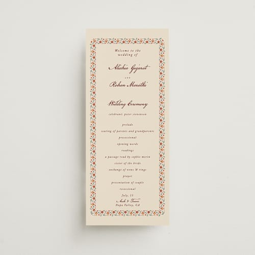 This is a ivory unique wedding programs with standard by Sherley Ferreira called mughal gardens printing on signature in standard