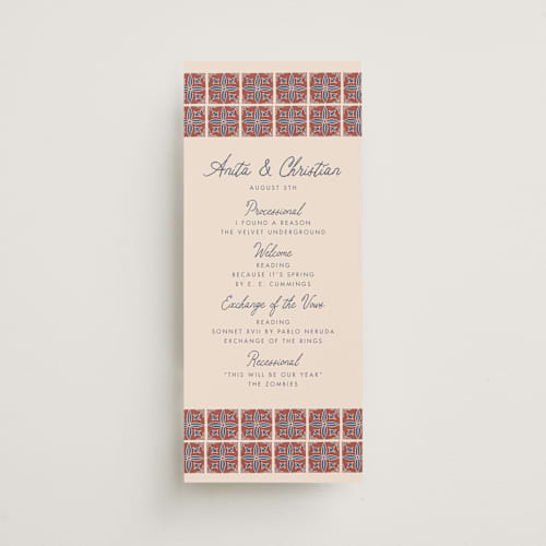 This is a terracotta unique wedding programs with standard by Katharine Watson called block print tile printing on signature in standard