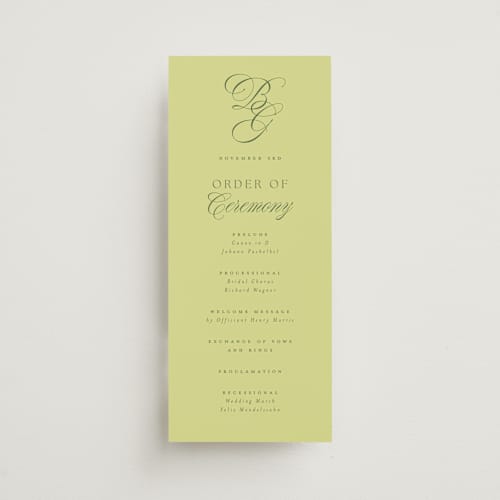 This is a chartreuse unique wedding programs with standard by Everett Paper Goods called carlyle printing on signature in standard