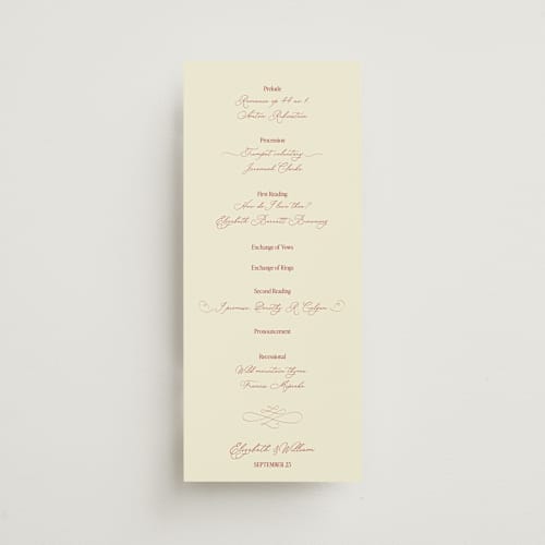 This is a burgundy unique wedding programs with standard by Helena Vitto called elizabeth printing on signature in standard