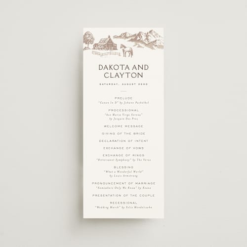 This is a leather unique wedding programs with standard by Jenna Holcomb called mountain ranch toile printing on signature in standard