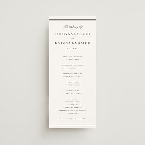 This is a burgundy unique wedding programs with standard by Stacey Meacham called engraved names printing on signature in standard