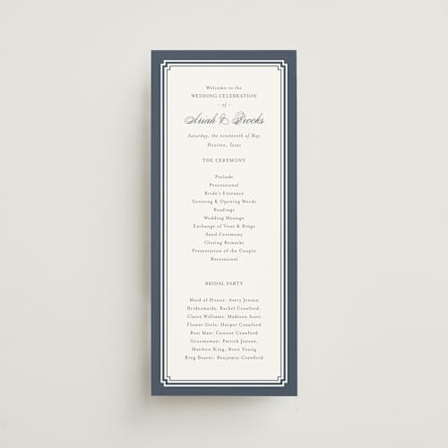 This is a french blue unique wedding programs with standard by Jennifer Postorino called ariah printing on signature in standard
