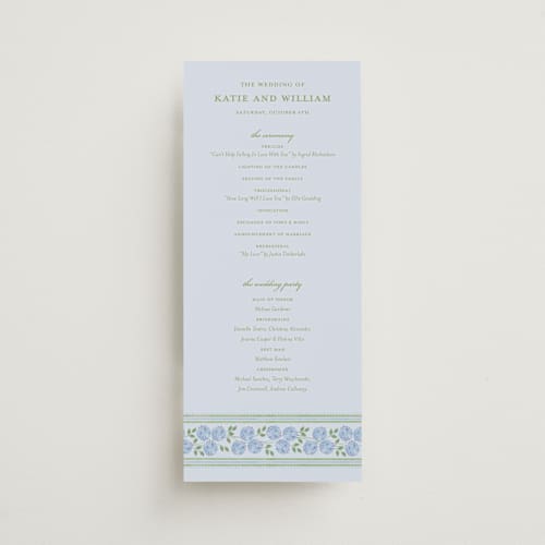 This is a coastal unique wedding programs with standard by Madhvi Samimi called hydrangea vines printing on signature in standard