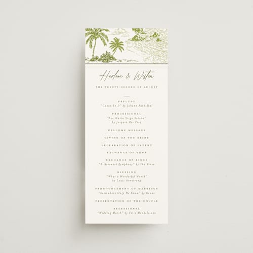 This is a palm unique wedding programs with standard by Jenna Holcomb called west coast toile printing on signature in standard
