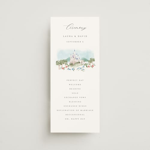 This is a spring unique wedding programs with standard by Petra Kern called disney's once upon in a dream printing on signature in 4x9