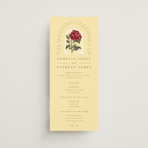 This is a mimosa unique wedding programs with standard by Leah Bisch called enchanted rose from disney's beauty & the beast printing on signature in 4x9