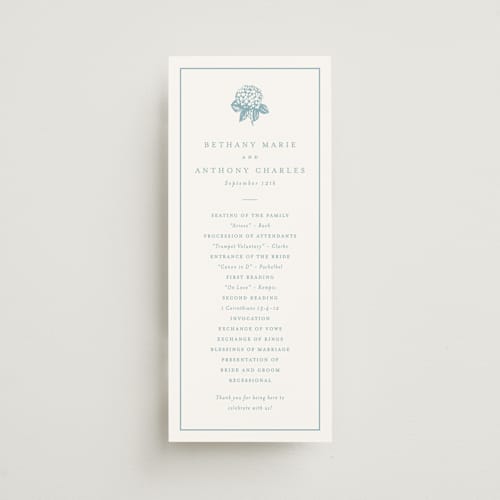 This is a seaside unique wedding programs with standard by Stacey Meacham called hydrangea bloom printing on signature in standard