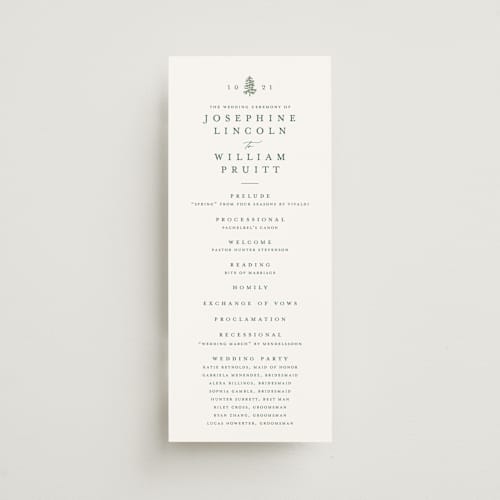 This is a pine unique wedding programs with standard by Amy Kross called mountain ridge printing on signature in 4x9