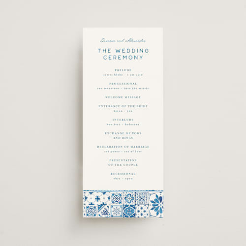This is a navy unique wedding programs with standard by Anastasia Makarova called watercolor tile printing on signature in 4x9