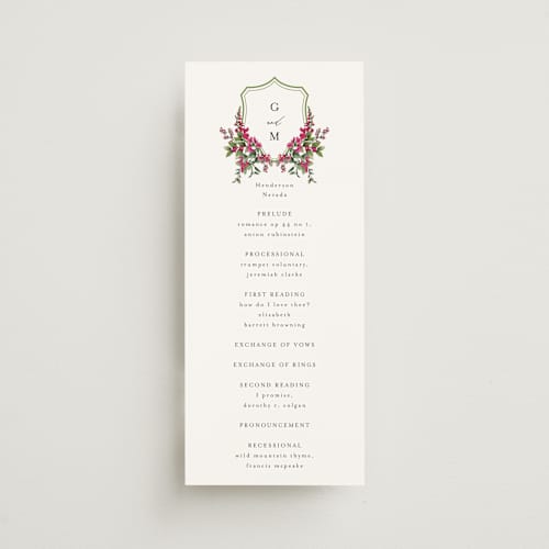 This is a peony unique wedding programs with standard by Susan Moyal called romantic florals printing on signature in 4x9