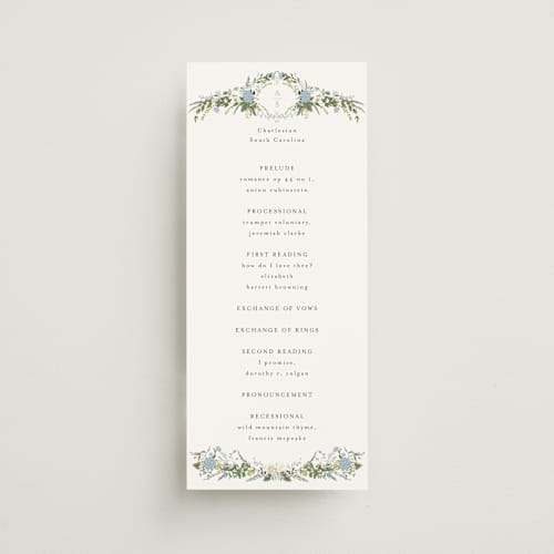This is a coastal unique wedding programs with standard by Susan Moyal called hydrangea vine printing on signature in 4x9