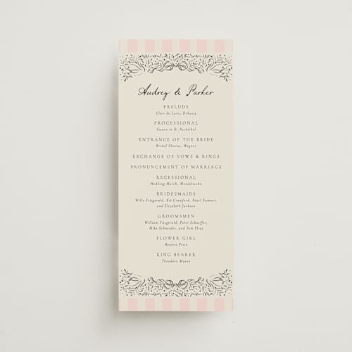 This is a peony unique wedding programs with standard by Jackie Crawford called hand illustrated crest printing on signature in 4x9
