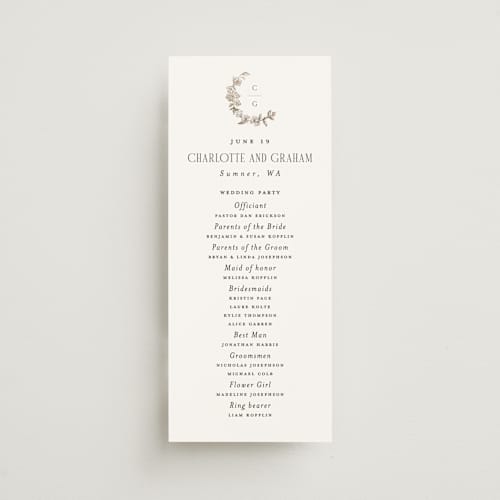 This is a sephia unique wedding programs with standard by Itsy Belle Studio called daphne printing on signature in 4x9