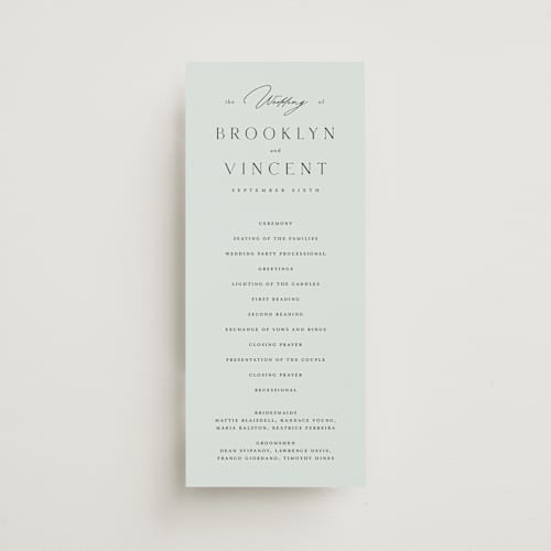 This is a sky unique wedding programs with standard by Kelly Schmidt called merryvale printing on signature in 4x9