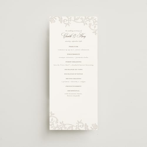 This is a natural unique wedding programs with standard by BR Designs called vintage flourishes printing on signature in 4x9