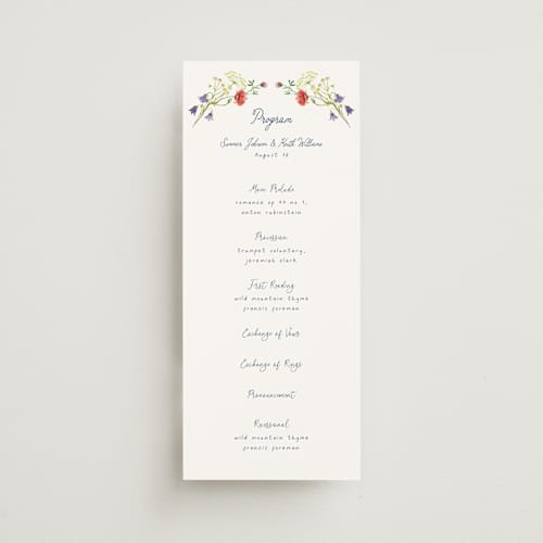 This is a ivory unique wedding programs with standard by frau brandt called wildflower romance printing on signature in 4x9