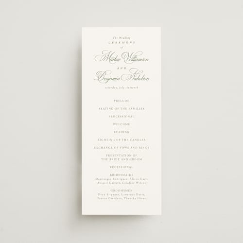 This is a garden unique wedding programs with standard by Kelly Schmidt called chic script printing on signature in 4x9
