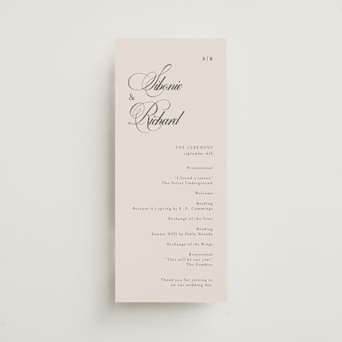 This is a ivory unique wedding programs with standard by Melanie Kosuge called sibonie printing on signature in 4x9