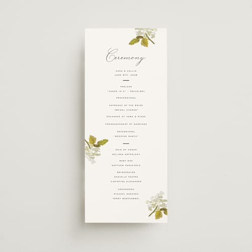 This is a linen unique wedding programs with standard by Olivia Kanaley Inman called limelight printing on signature in 4x9