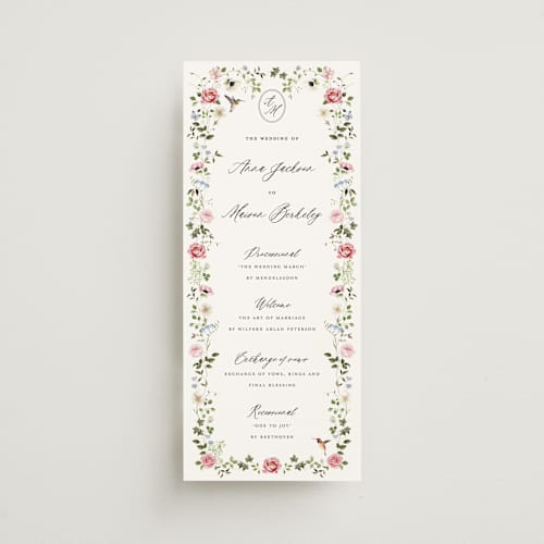This is a peony unique wedding programs with standard by Sarah Knight called ornate printing on signature in 4x9