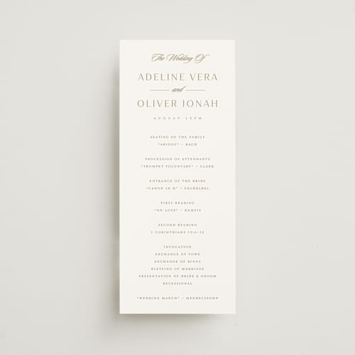 This is a golden unique wedding programs with standard by Stacey Meacham called classic decorum printing on signature in 4x9