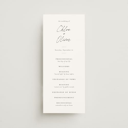 This is a jasmine unique wedding programs with standard by Pippa Shaw called modern classic printing on signature in 4x9