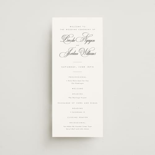 This is a tuxedo unique wedding programs with standard by Orasie called side by side printing on signature in 4x9