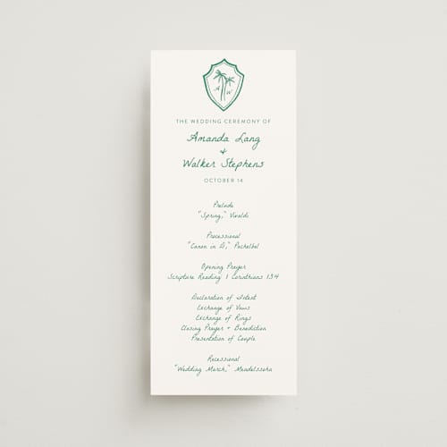 This is a palm unique wedding programs with standard by Erika Firm called palm tree crest printing on signature in 4x9