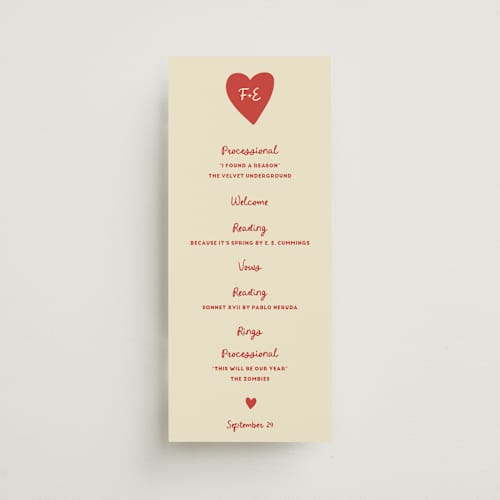 This is a cherry unique wedding programs with standard by Ani Somi called big heart wedding printing on signature in 4x9