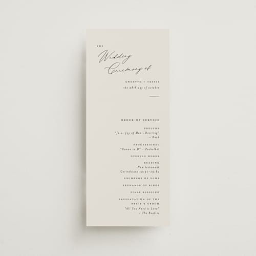 This is a ivory unique wedding programs with standard by Carolyn Nicks called kinkaid printing on signature in 4x9