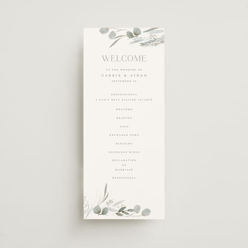 This is a sage unique wedding programs with standard by Petra Kern called amorino printing on signature in 4x9